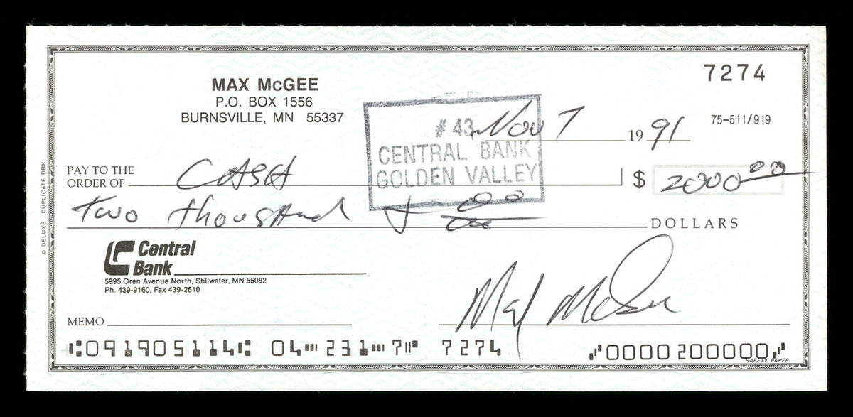 Max McGee Autographed 2.75x6 Check Green Bay Packers SKU #174021