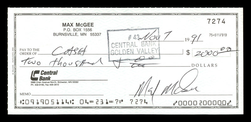Max McGee Autographed 2.75x6 Check Green Bay Packers SKU #174021