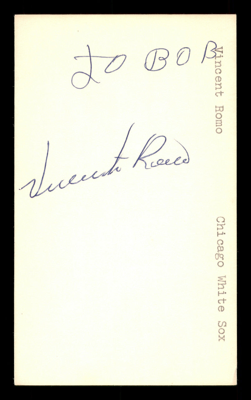 Vincente Romo Autographed 3x5 Index Card Chicago White Sox "To Bob" SKU #174239