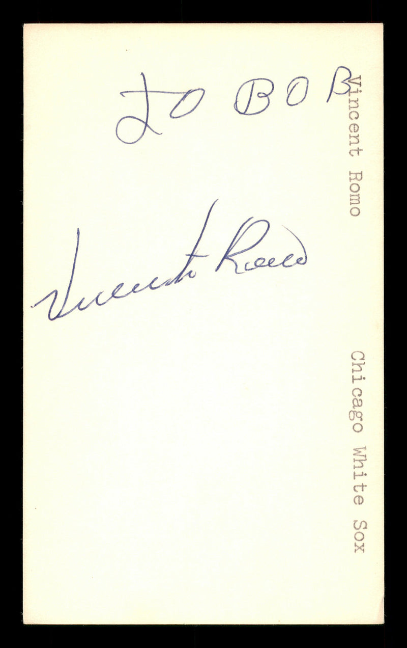Vincente Romo Autographed 3x5 Index Card Chicago White Sox "To Bob" SKU #174239