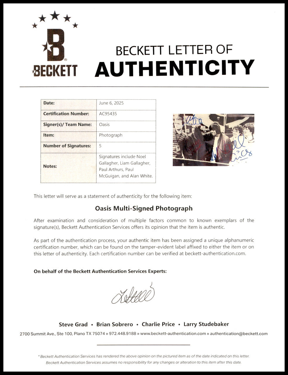 Oasis Autographed 8x12 Photo Band With 5 Signatures Including Noel & Liam Gallagher Beckett BAS #AC95435