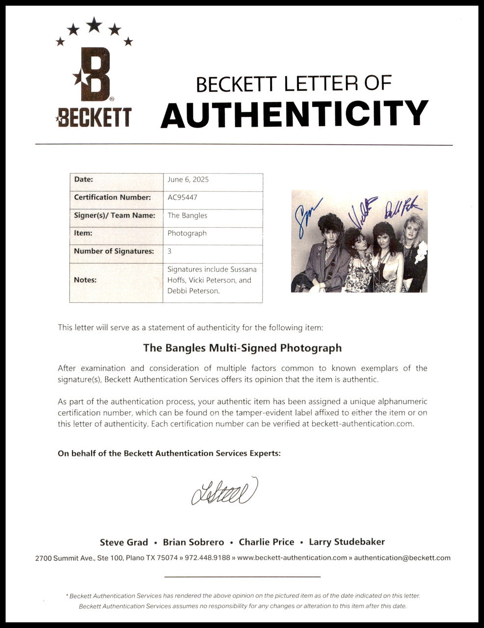 The Bangles Autographed 11x14 Photo Band With Susanna Hoffs Beckett BAS #AC95447
