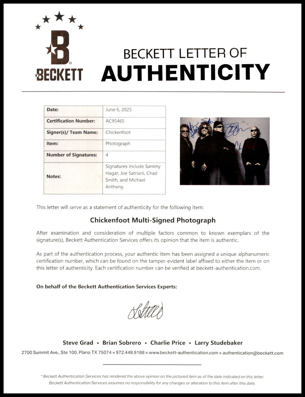 Chickenfoot Autographed 11x14 Photo Band Signed By All 4 Including Sammy Hagar Beckett BAS #AC95465