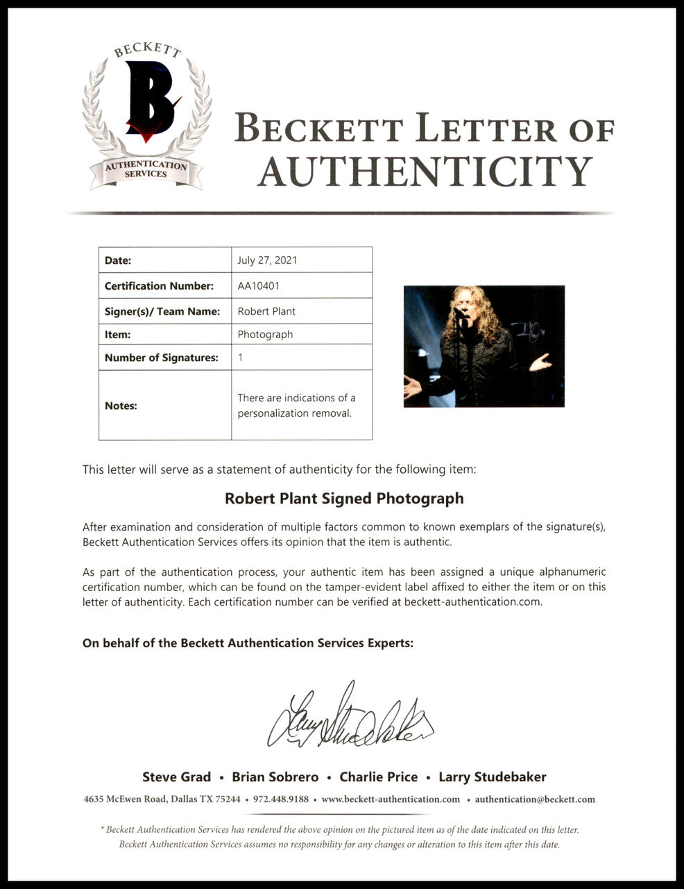 Robert Plant Autographed 8x10 Photo Led Zeppelin (Removed Personalization) Beckett BAS #AA10401