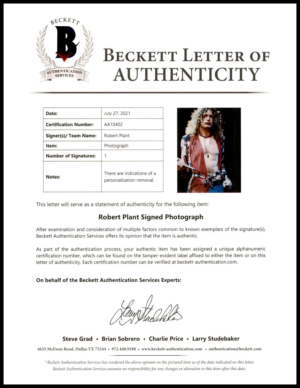 Robert Plant Autographed 8x10 Photo Led Zeppelin (Removed Personalization) Beckett BAS #AA10402