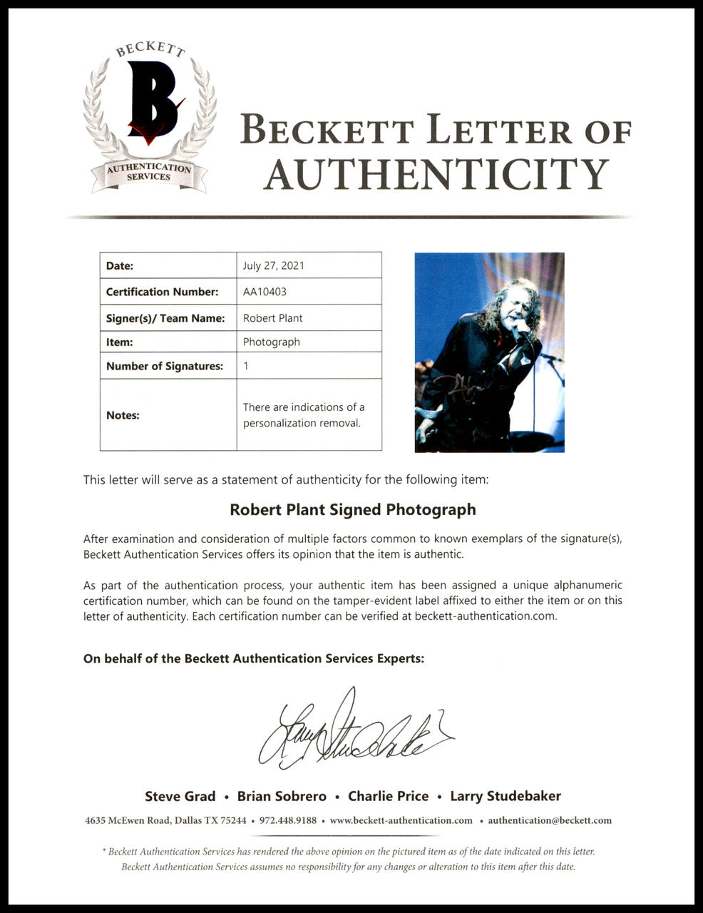 Robert Plant Autographed 8x10 Photo Led Zeppelin (Removed Personalization) Beckett BAS #AA10403