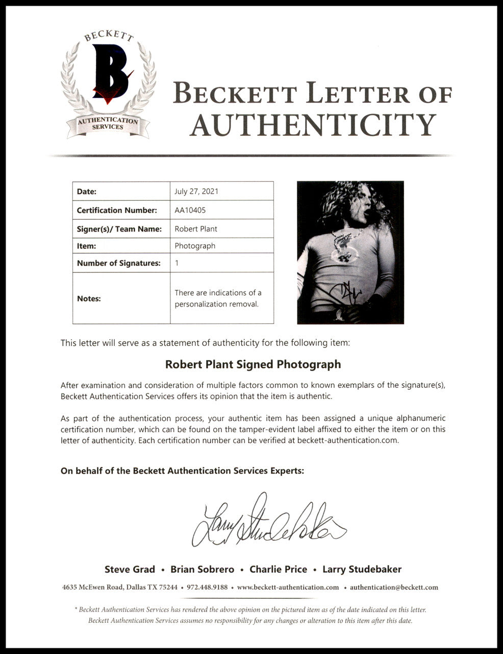 Robert Plant Autographed 8x10 Photo Led Zeppelin (Removed Personalization) Beckett BAS #AA10405