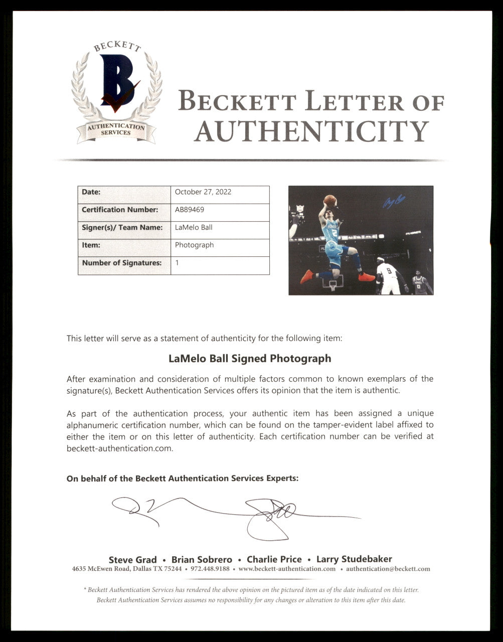LaMelo Ball Autographed 16x20 Photo Charlotte Hornets Beckett BAS QR Stock #209477