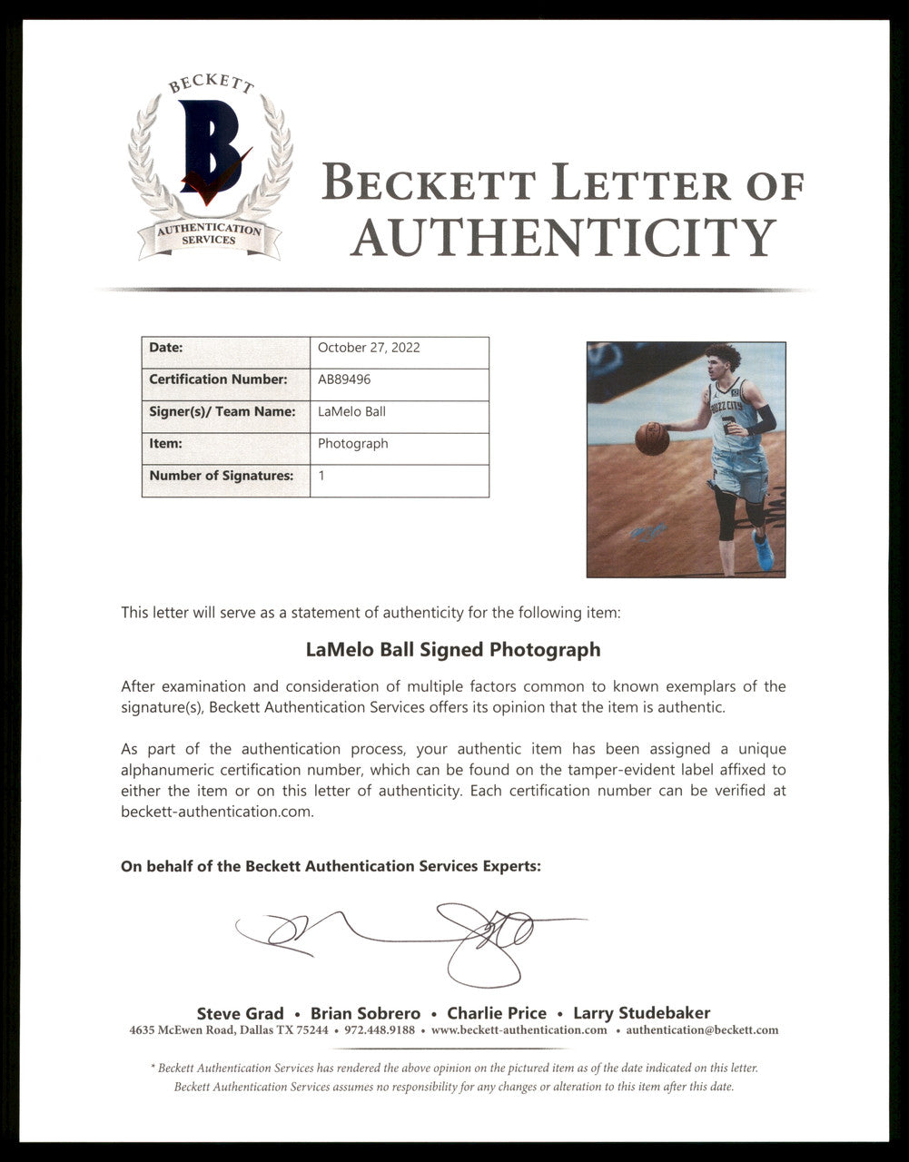 LaMelo Ball Autographed 16x20 Photo Charlotte Hornets Beckett BAS QR Stock #209478