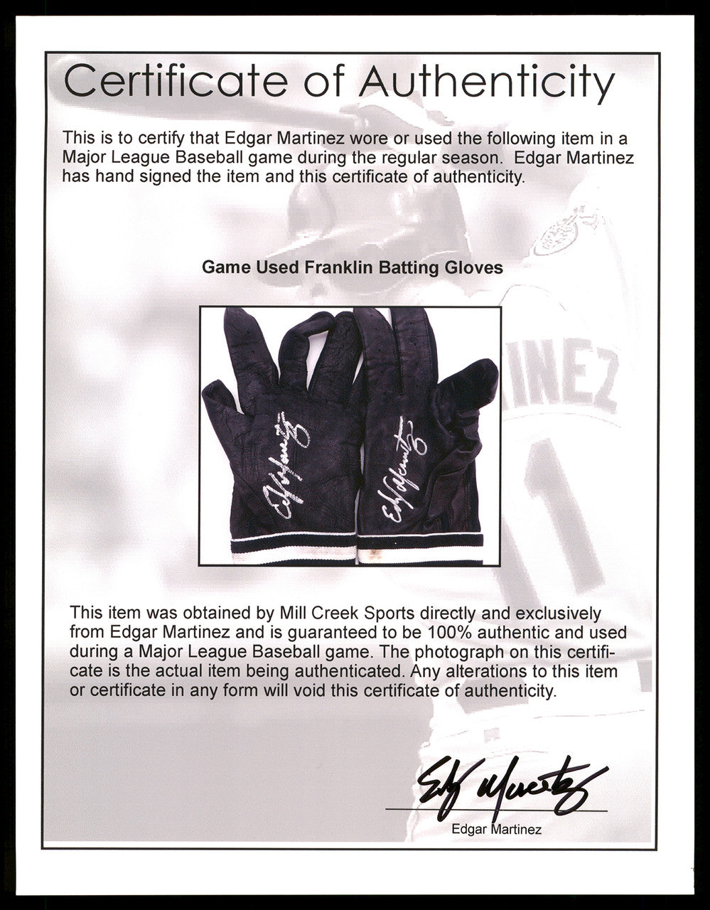 Edgar Martinez Autographed Franklin Game Used Black Batting Gloves Seattle Mariners With Signed Certificate Stock #211908