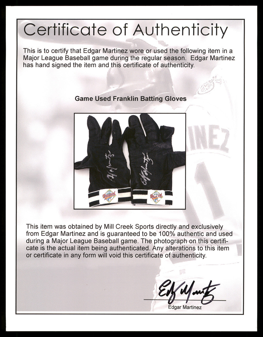 Edgar Martinez Autographed Franklin Diamond Collection Game Used Black Batting Gloves Seattle Mariners With Signed Certificate Stock #211909