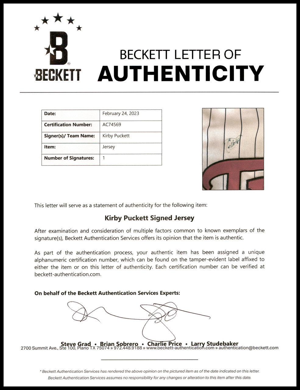 Minnesota Twins Kirby Puckett Autographed Framed White Rawlings Jersey (Light) Beckett BAS #AC74569
