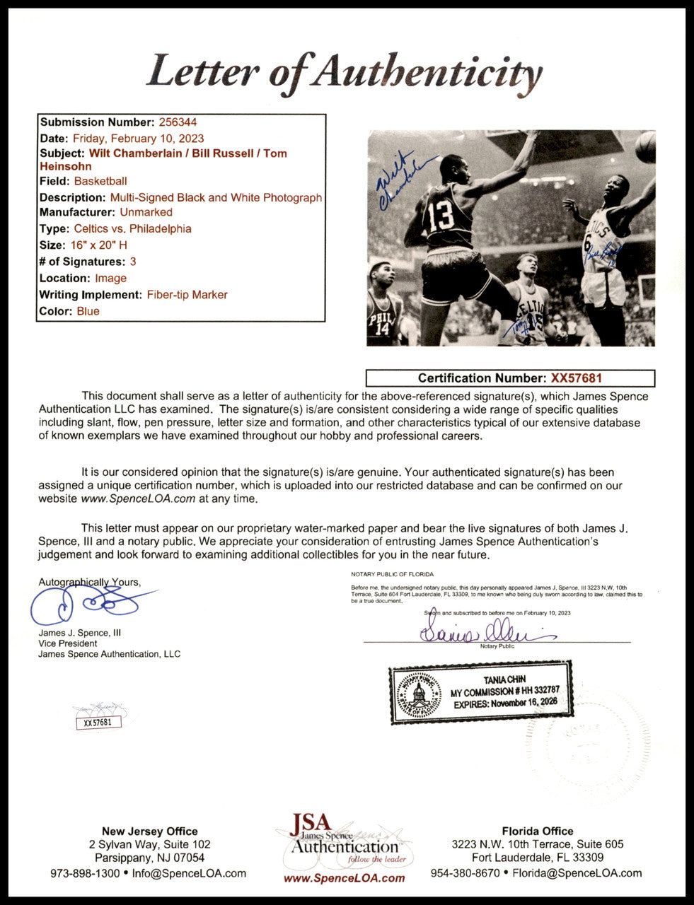 Wilt Chamberlain, Bill Russell & Tom Heinsohn Autographed Framed 16x20 Photo JSA #XX57681