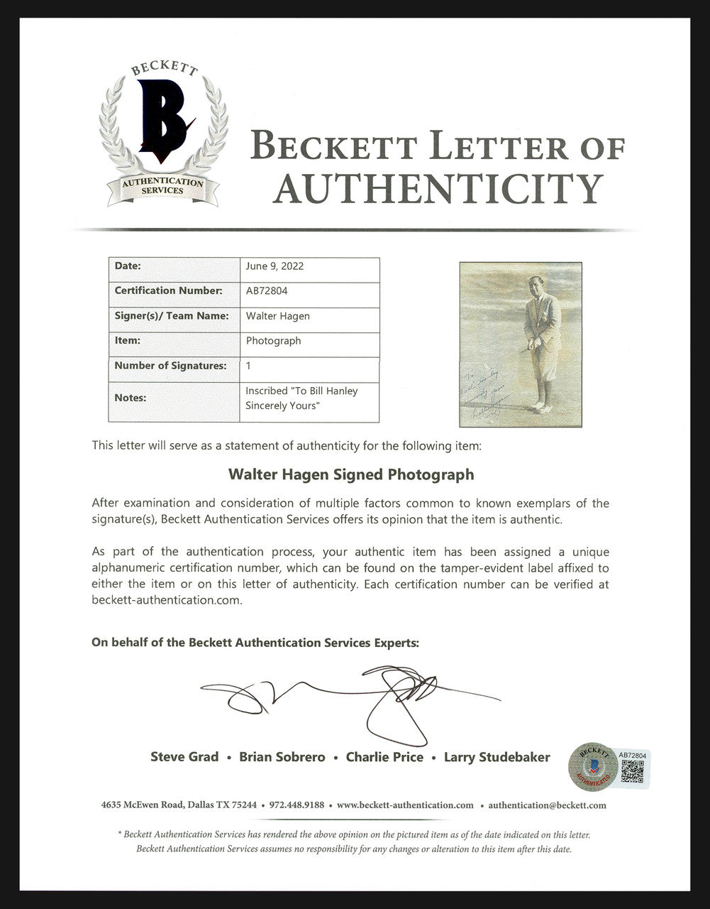 Walter Hagen Autographed Framed 10x13 Photo "To Bill, Sincerely Yours" Beckett BAS #AB72804