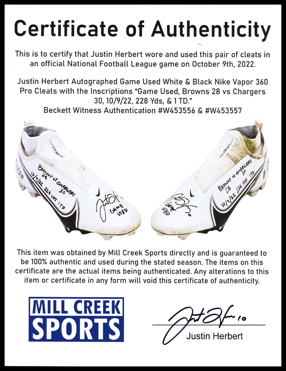 Justin Herbert Autographed Pair Of Game Used White & Black Nike Vapor 360 Pro Cleats Los Angeles Chargers "Game Used, Browns 28 vs Chargers 30, 10/9/22, 228 Yds, & 1 TD" Beckett BAS Witness #W453556 & #W453557