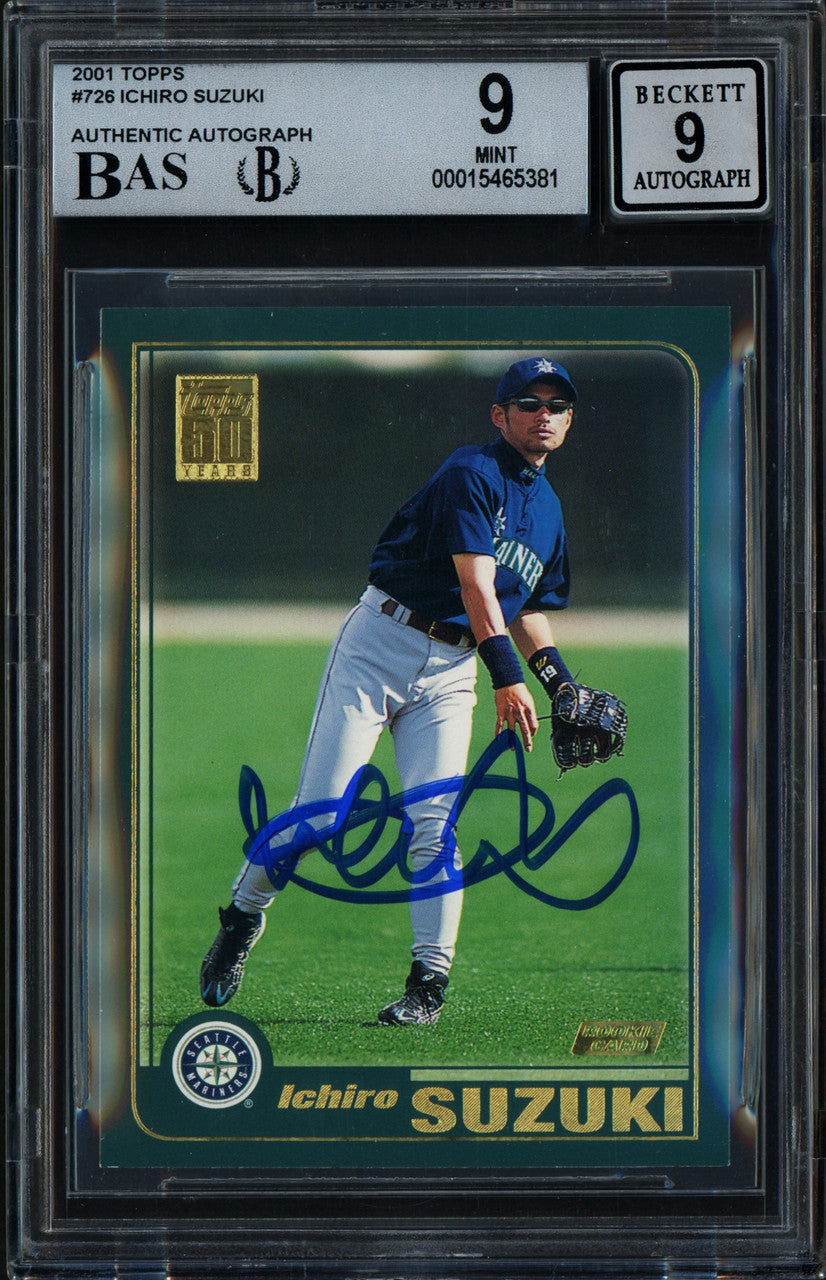 Ichiro Suzuki Autographed 2001 Topps Rookie Card #726 Seattle Mariners Card Grade Mint 9 Sig 9 Beckett BAS Stock #213279