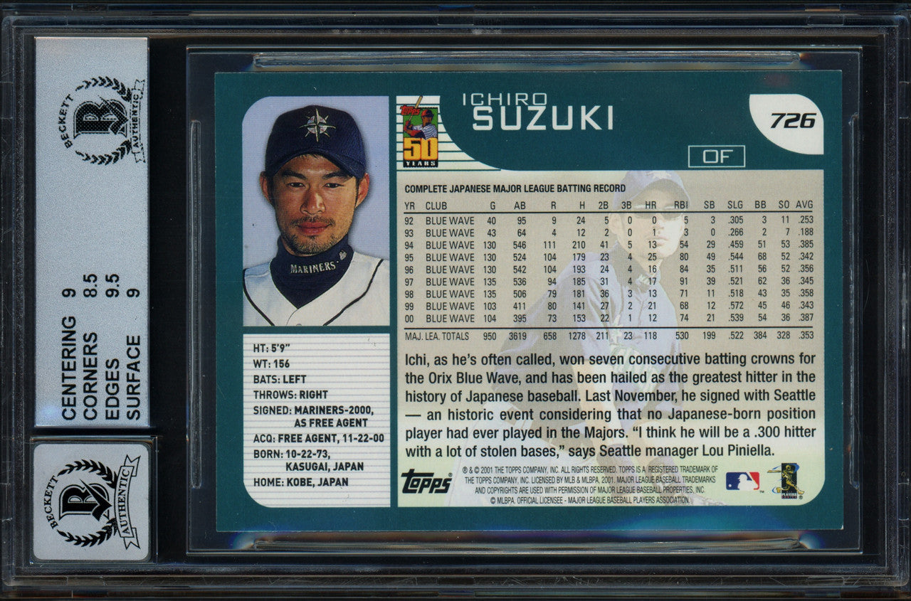 Ichiro Suzuki Autographed 2001 Topps Rookie Card #726 Seattle Mariners Card Grade Mint 9 Sig 9 Beckett BAS Stock #213279