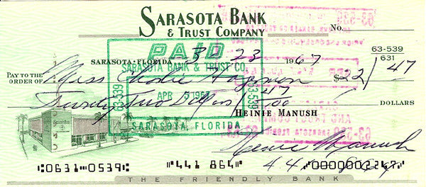 Heinie Manush Autographed Check Washington Senators SKU #100283