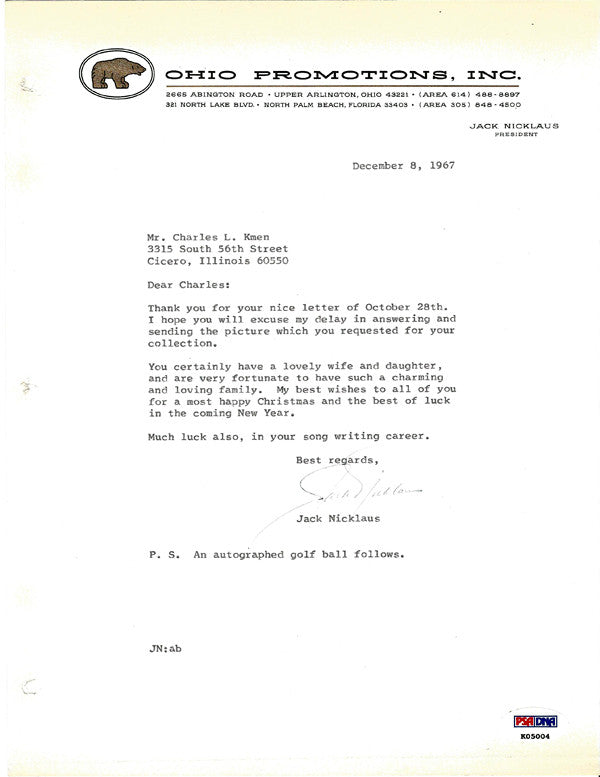 Jack Nicklaus Autographed Letter 1967 Vintage Signature PSA/DNA #K05004