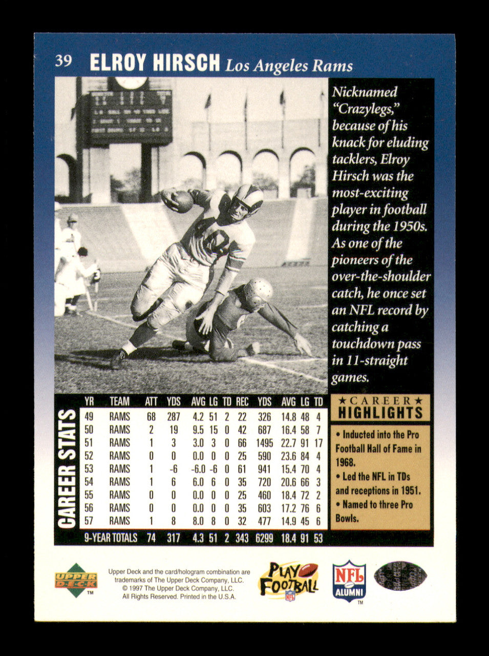 Elroy Crazylegs Hirsch Autographed 1997 Upper Deck Legends Card #39 Los Angeles Rams SKU #251068