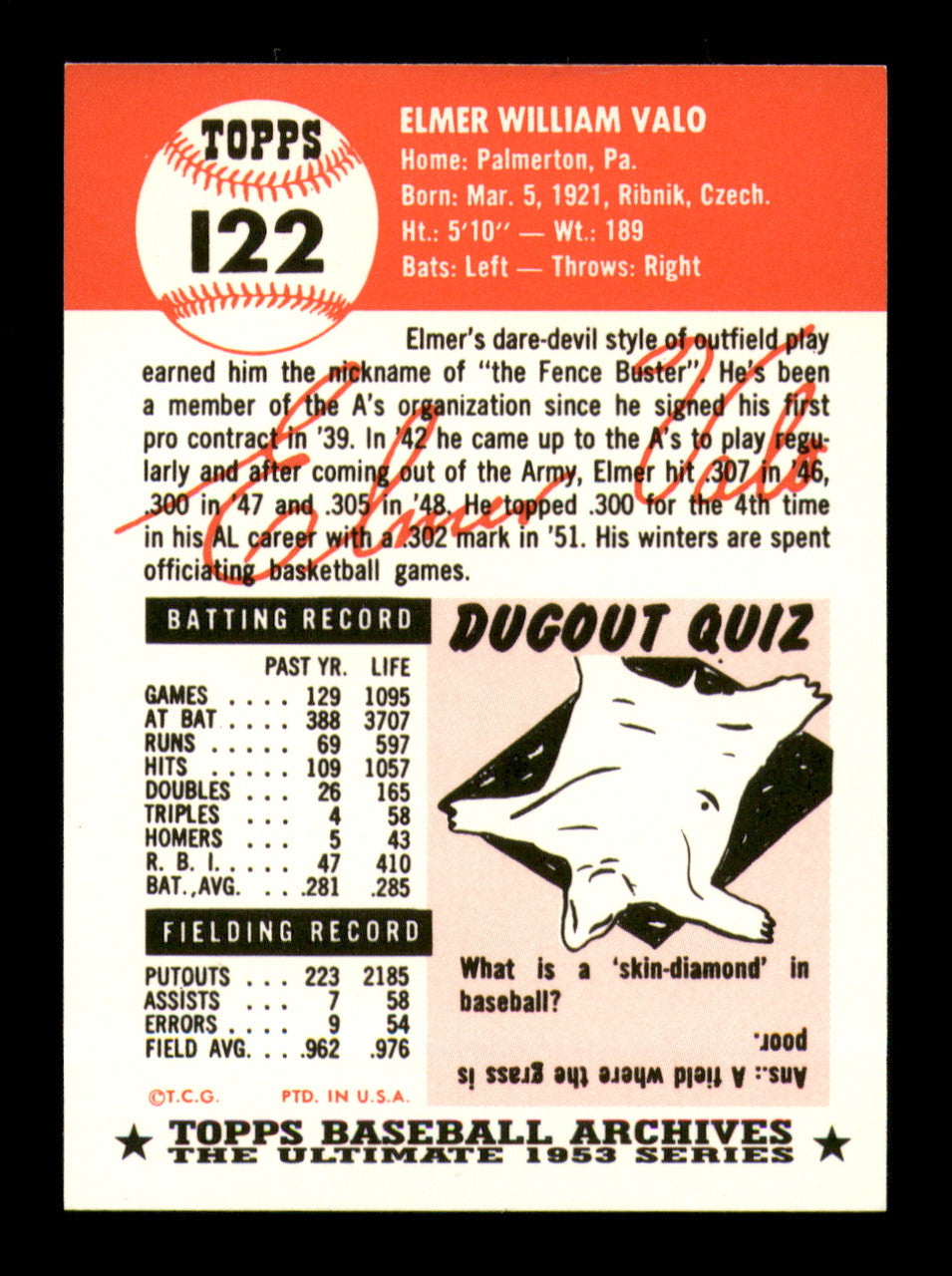 Elmer Valo Autographed 1991 1953 Topps Archives Card #122 Philadelphia A's SKU #251075
