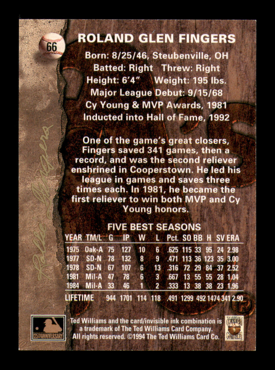 Rollie Fingers Autographed 1994 Ted Williams Card #66 Oakland A's SKU #251088