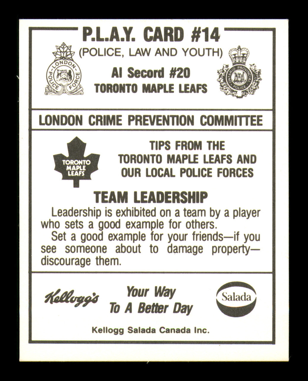 Al Secord Autographed 1987-88 Kellogg Card #14 Toronto Maple Leafs SKU #251104