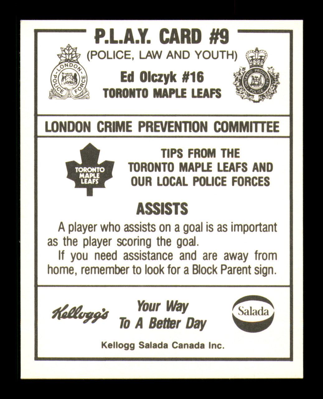 Ed Olczyk Autographed 1987-88 Kellogg Card #16 Toronto Maple Leafs SKU #251105