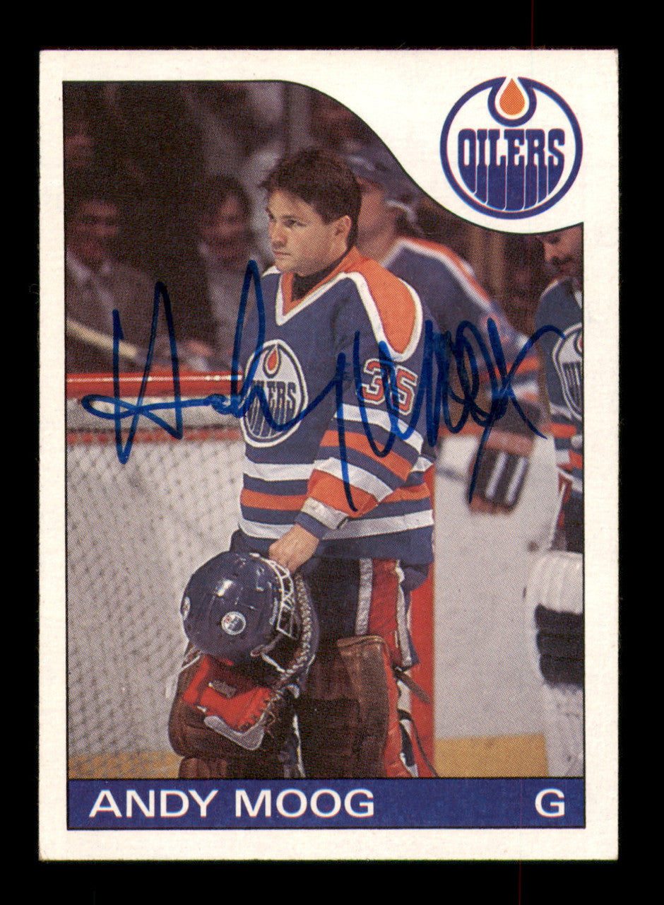 Andy Moog Autographed 1985-86 Topps Card #12 Edmonton Oilers SKU #251111