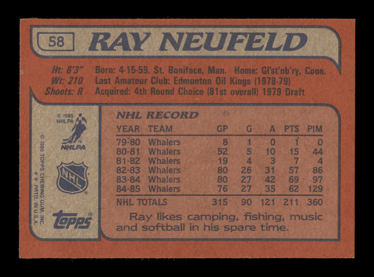 Ray Neufeld Autographed 1985-86 Topps Card #58 Hartford Whalers SKU #251130
