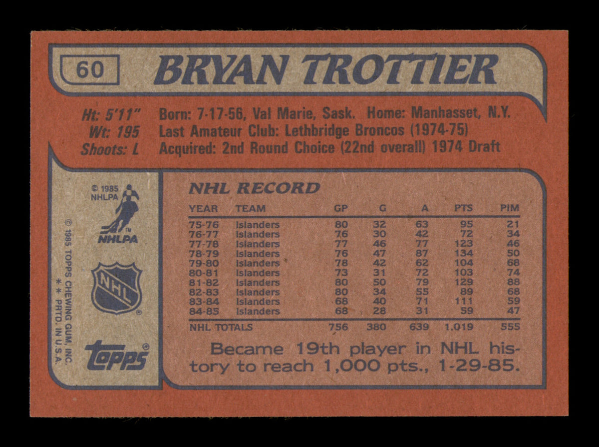 Bryan Trottier Autographed 1985-86 Topps Card #60 New York Islanders SKU #251131