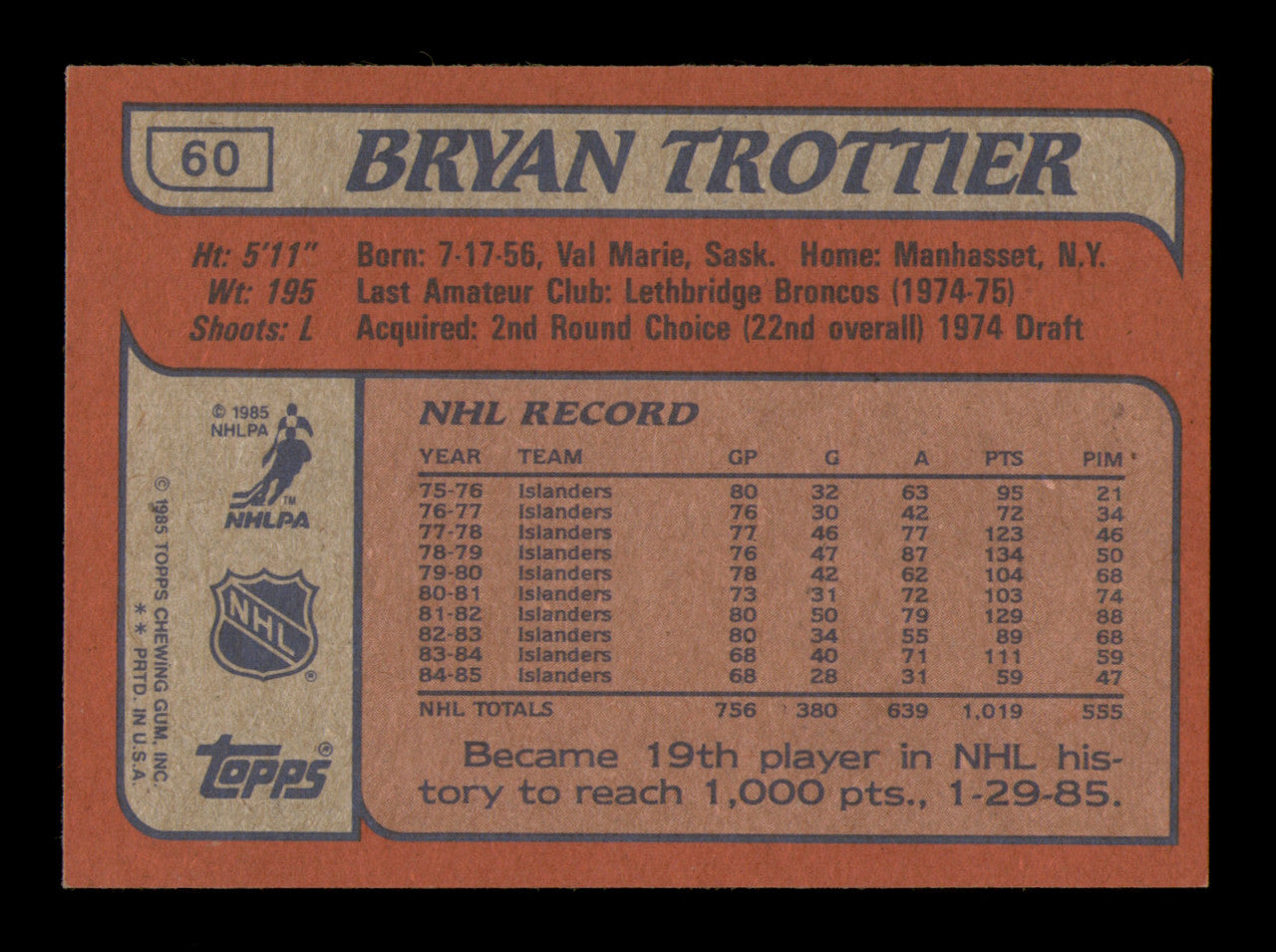 Bryan Trottier Autographed 1985-86 Topps Card #60 New York Islanders SKU #251132