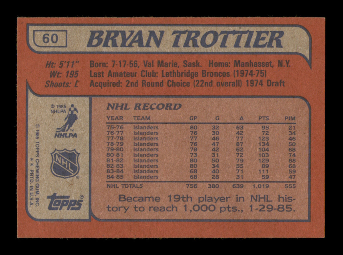 Bryan Trottier Autographed 1985-86 Topps Card #60 New York Islanders SKU #251133