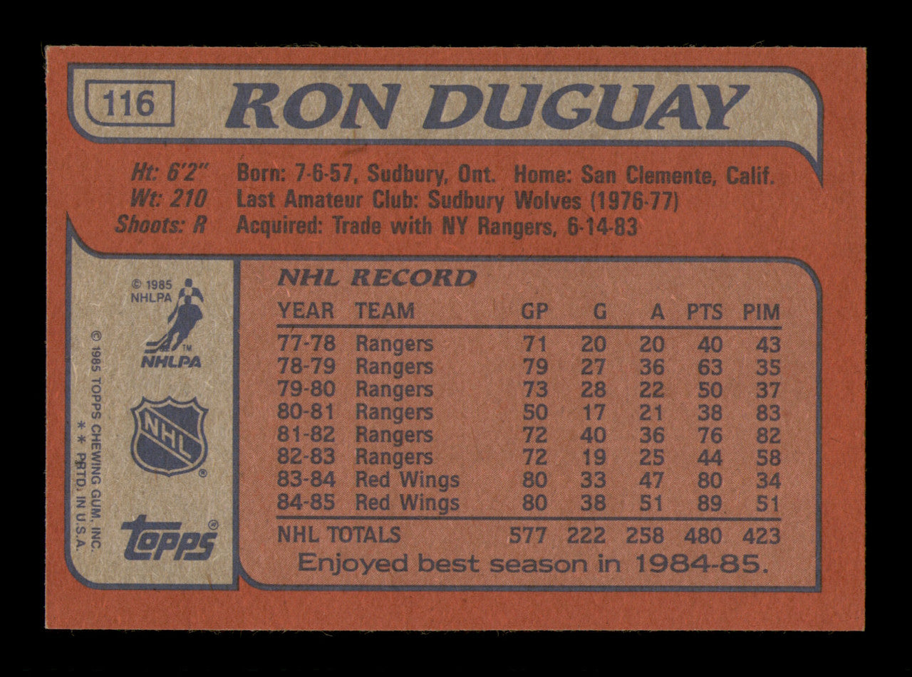 Ron Duguay Autographed 1985-86 Topps Card #116 Detroit Red Wings SKU #251150