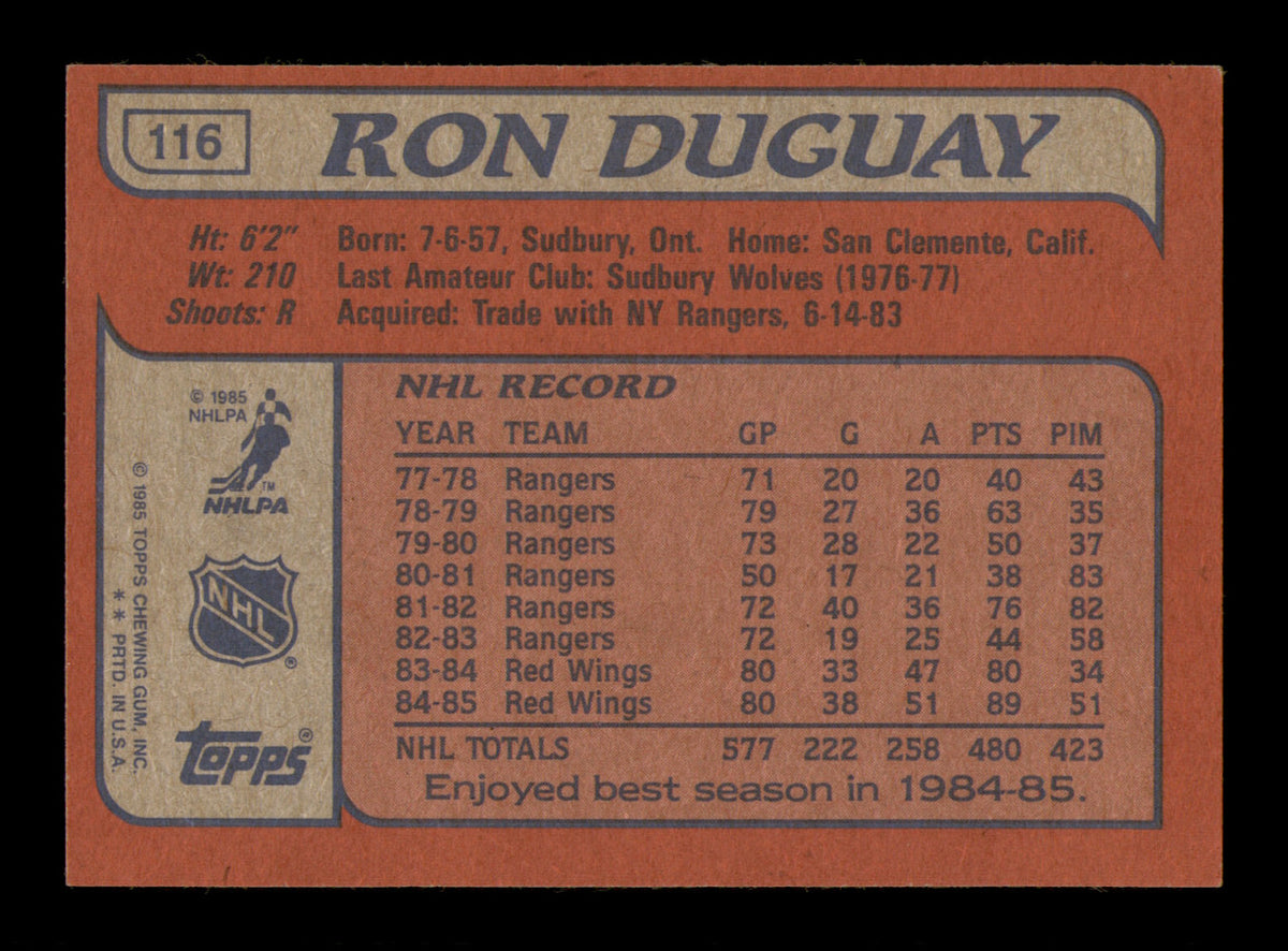 Ron Duguay Autographed 1985-86 Topps Card #116 Detroit Red Wings SKU #251151