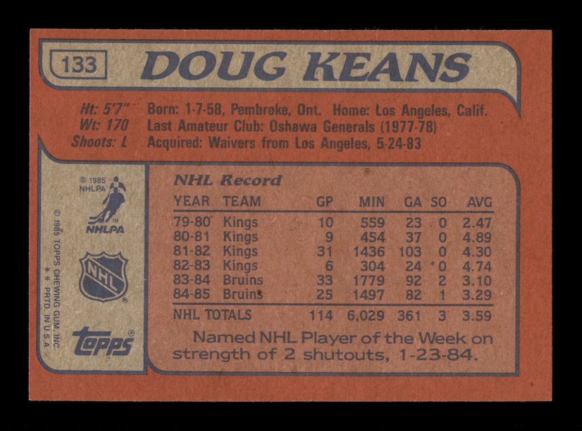 Doug Keans Autographed 1985-86 Topps Card #133 Boston Bruins SKU #251155