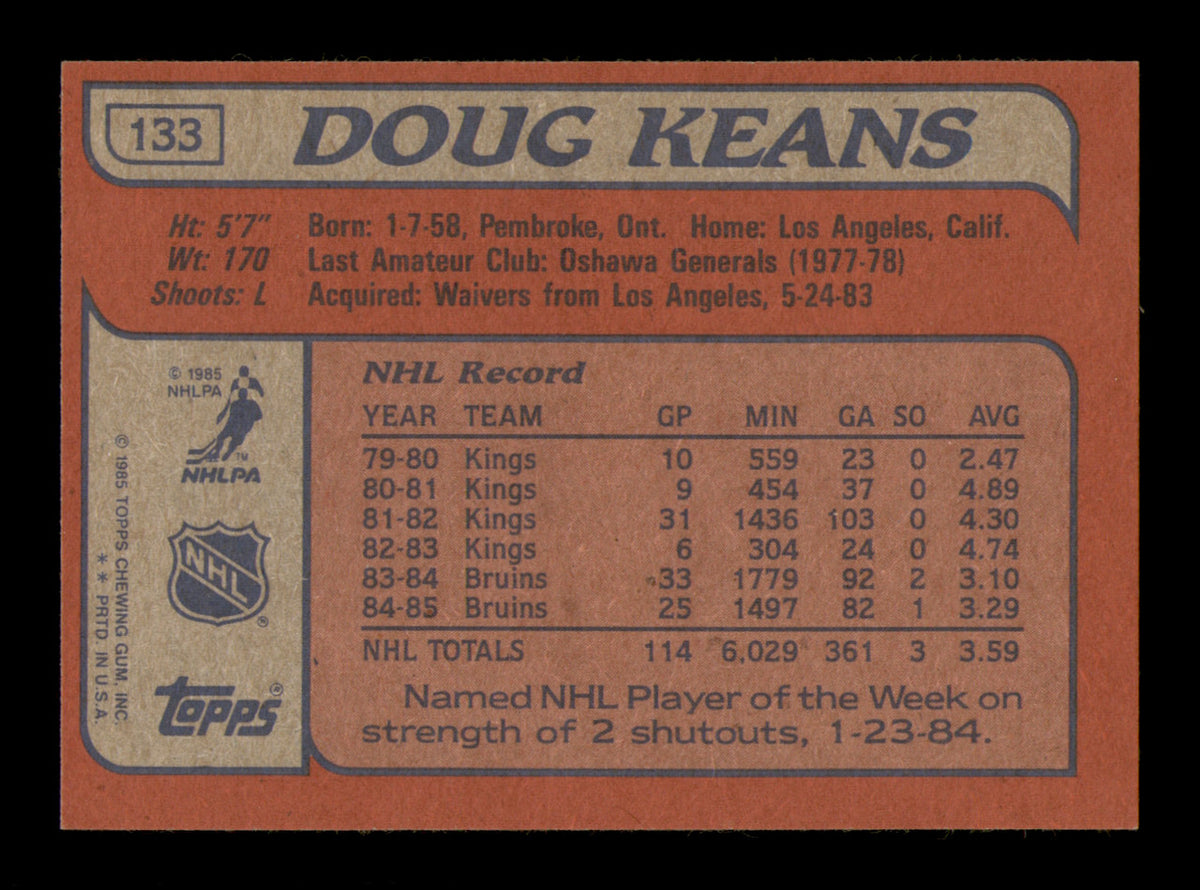 Doug Keans Autographed 1985-86 Topps Card #133 Boston Bruins SKU #251156