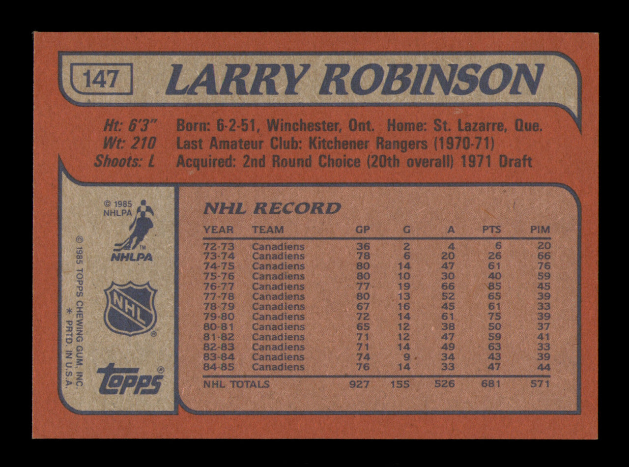 Larry Robinson Autographed 1985-86 Topps Card #147 Montreal Canadiens SKU #251163