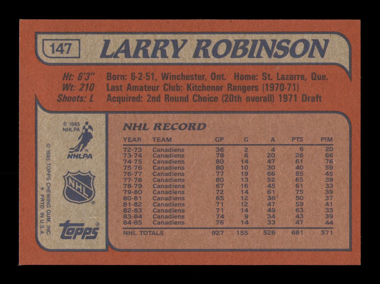Larry Robinson Autographed 1985-86 Topps Card #147 Montreal Canadiens SKU #251164