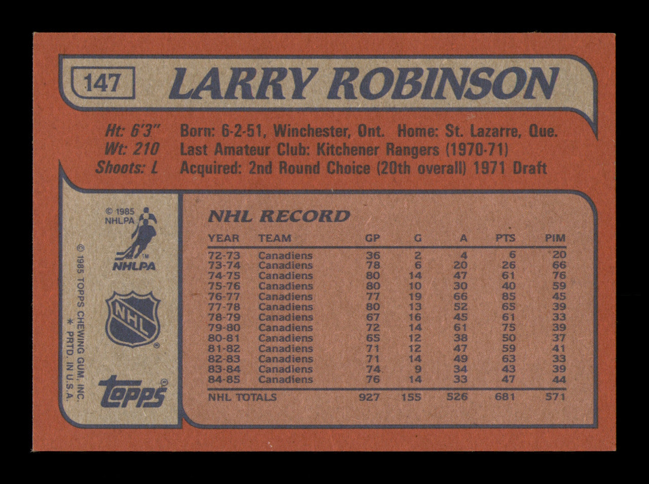 Larry Robinson Autographed 1985-86 Topps Card #147 Montreal Canadiens SKU #251165