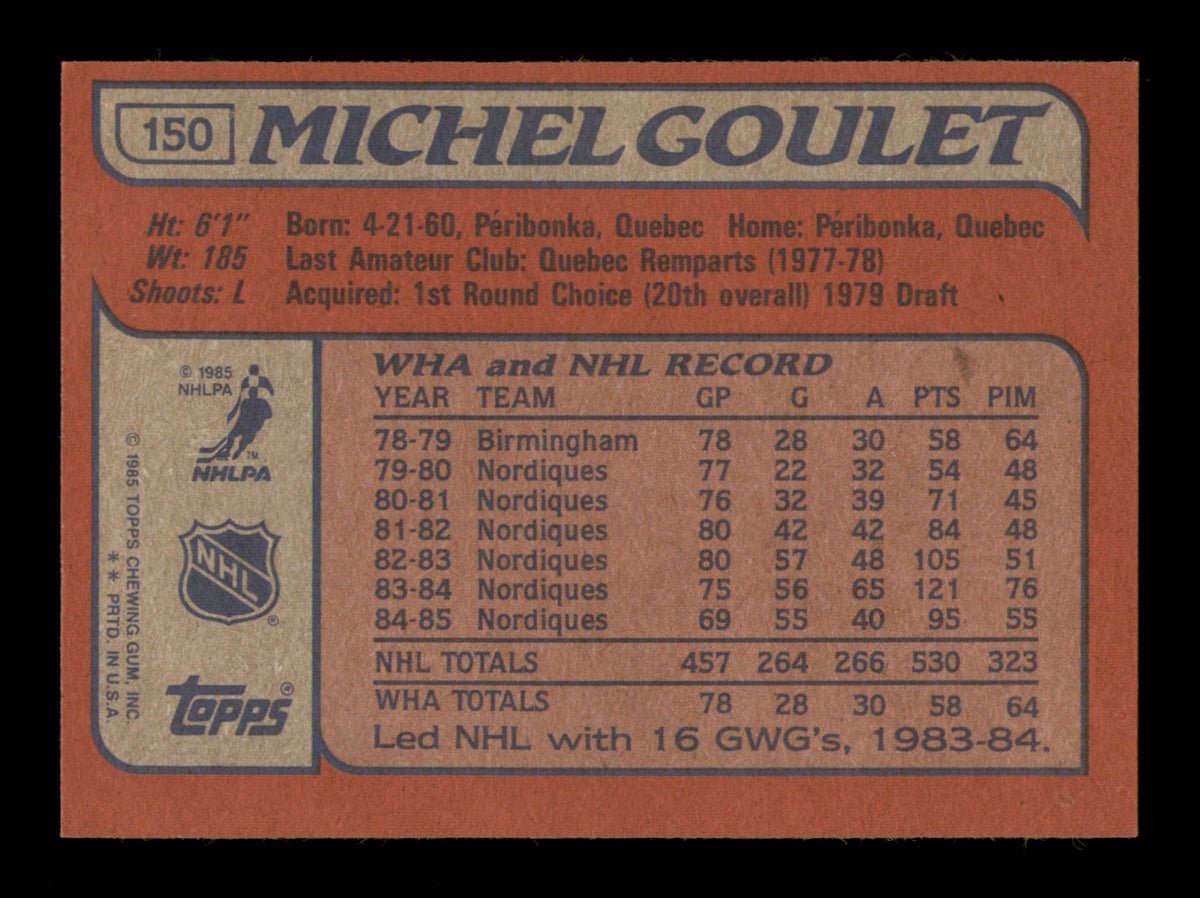 Michel Goulet Autographed 1985-86 Topps Card #150 Quebec Nordiques SKU #251167