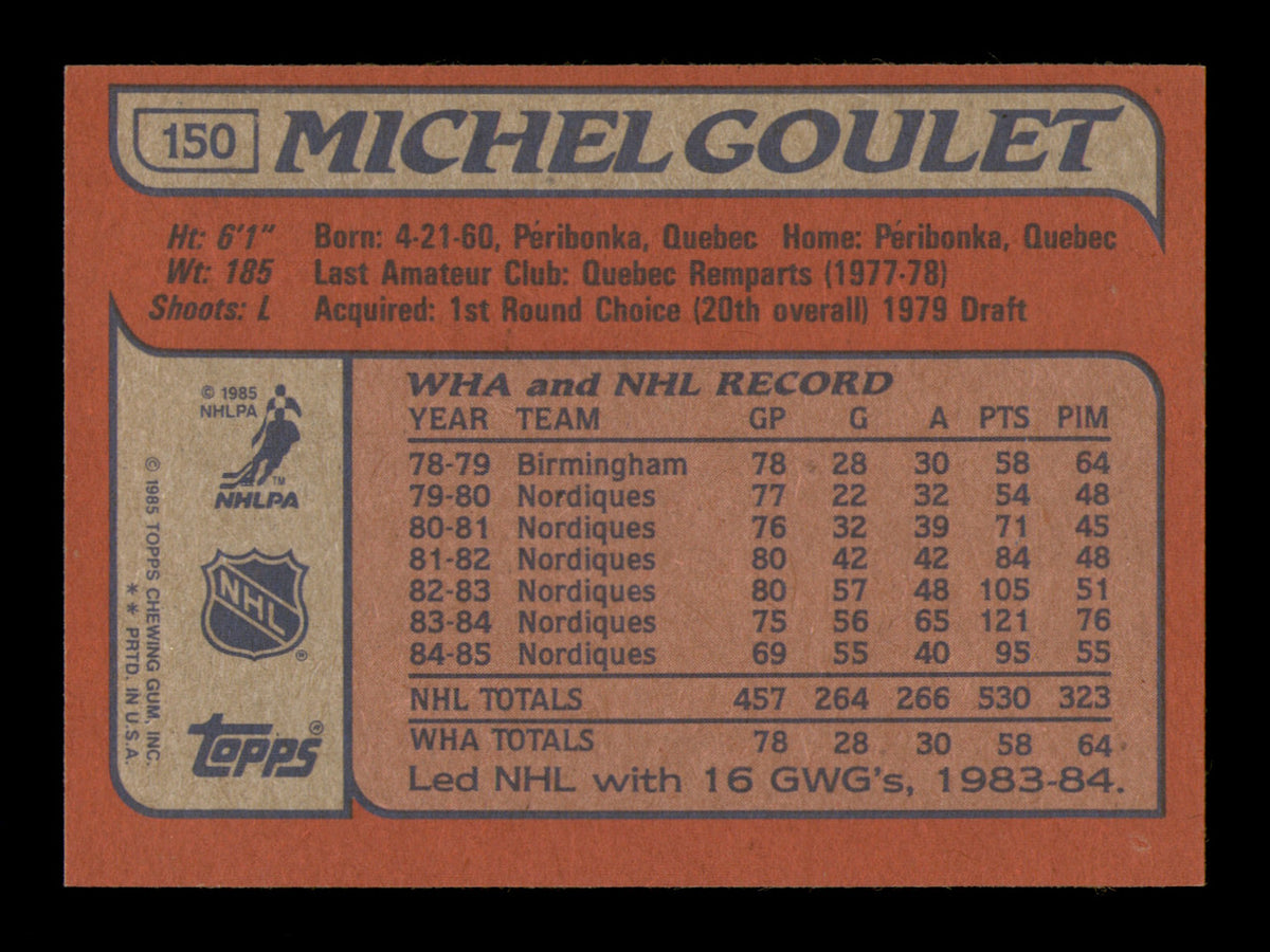Michel Goulet Autographed 1985-86 Topps Card #150 Quebec Nordiques SKU #251168
