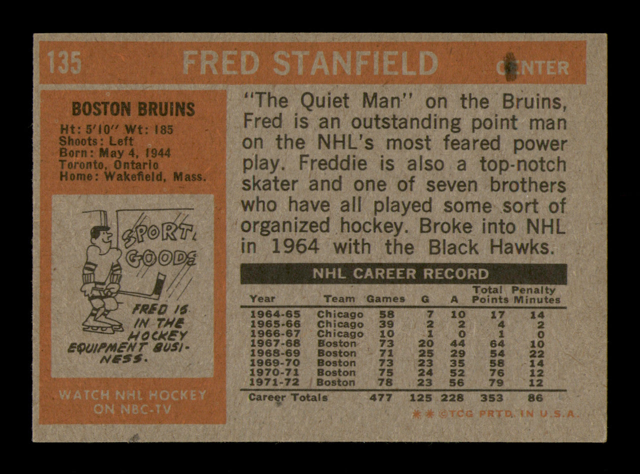 Fred Stanfield Autographed 1972-73 Topps Card #135 Boston Bruins SKU #251172