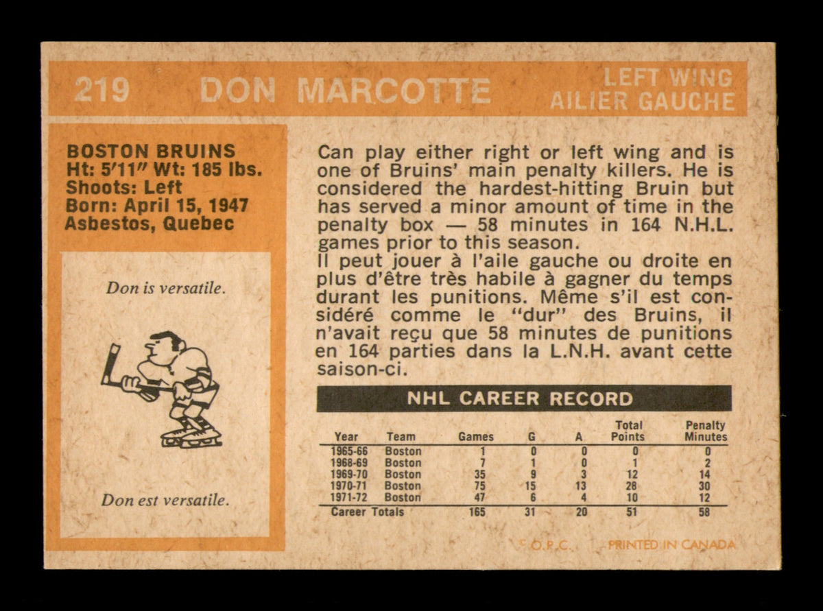 Don Marcotte Autographed 1972-73 O-Pee-Chee Card #219 Boston Bruins SKU #251176
