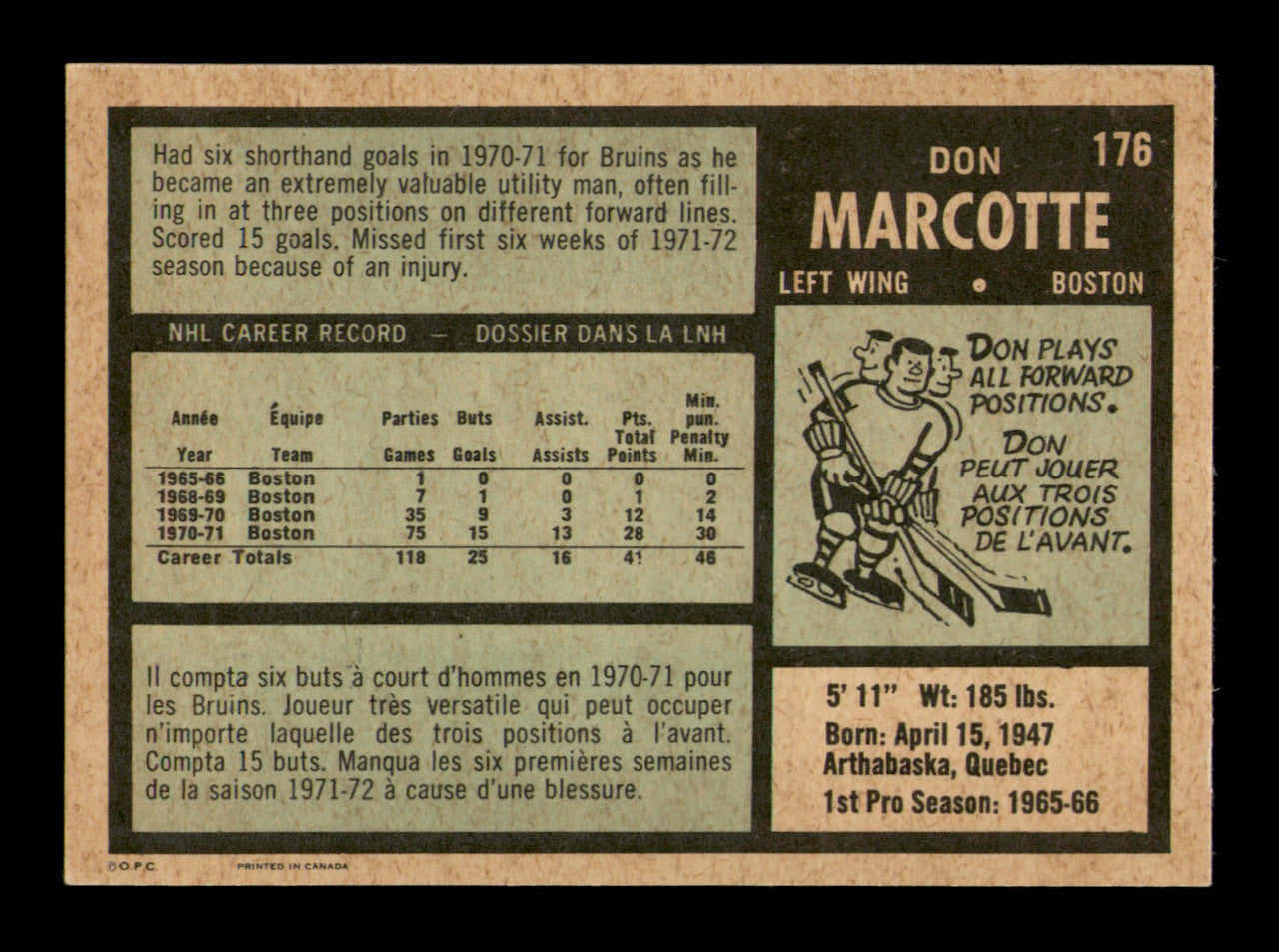Don Marcotte Autographed 1971-72 O-Pee-Chee Card #176 Boston Bruins SKU #251187