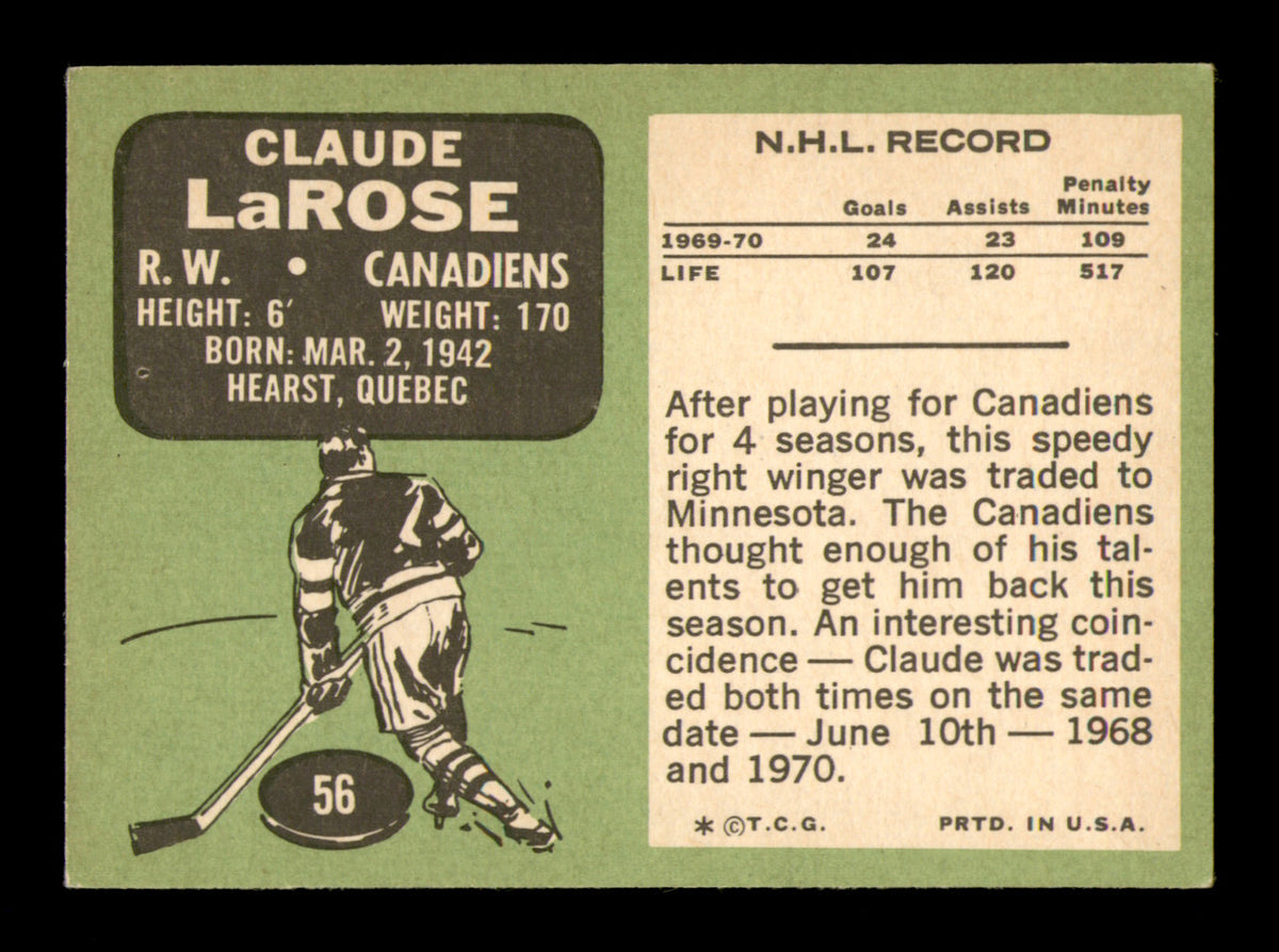 Claude LaRose Autographed 1970-71 Topps Card #56 Montreal Canadiens SKU #251192