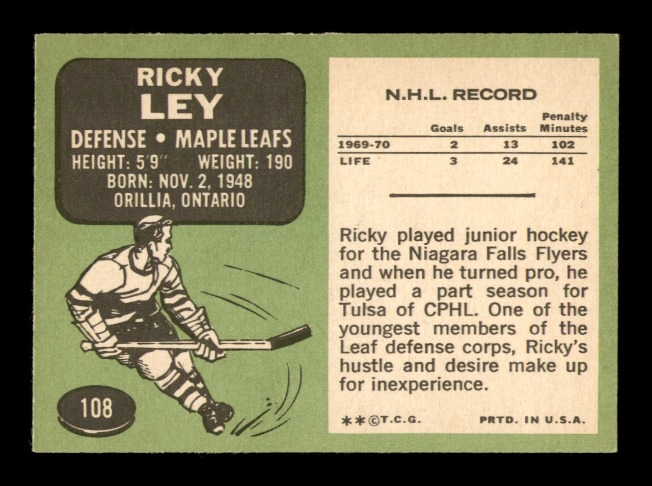 Ricky Ley Autographed 1970-71 Topps Card #108 Toronto Maple Leafs SKU #251195