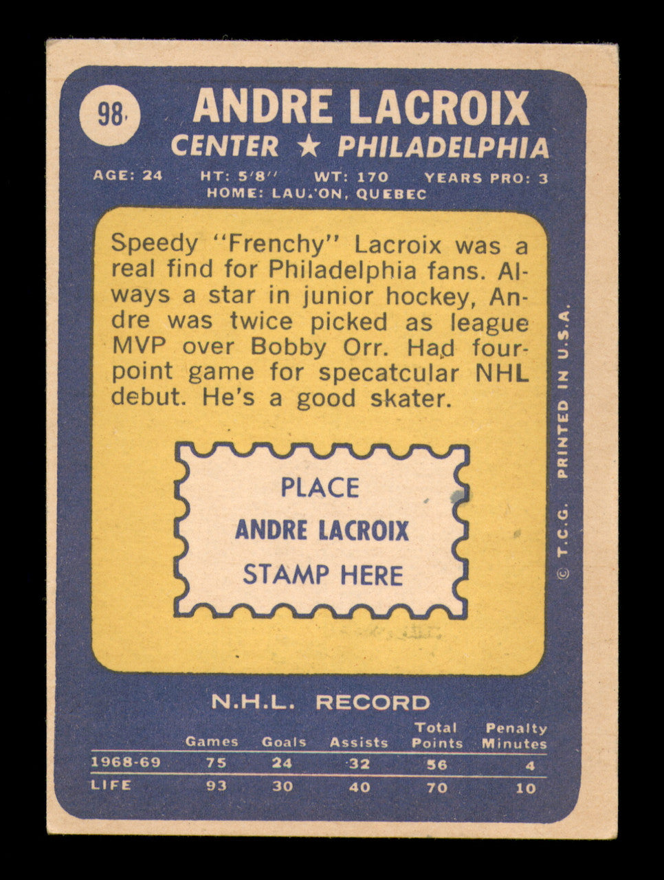 Andre Lacroix Autographed 1969-70 Topps Card #98 Philadelphia Flyers SKU #251198