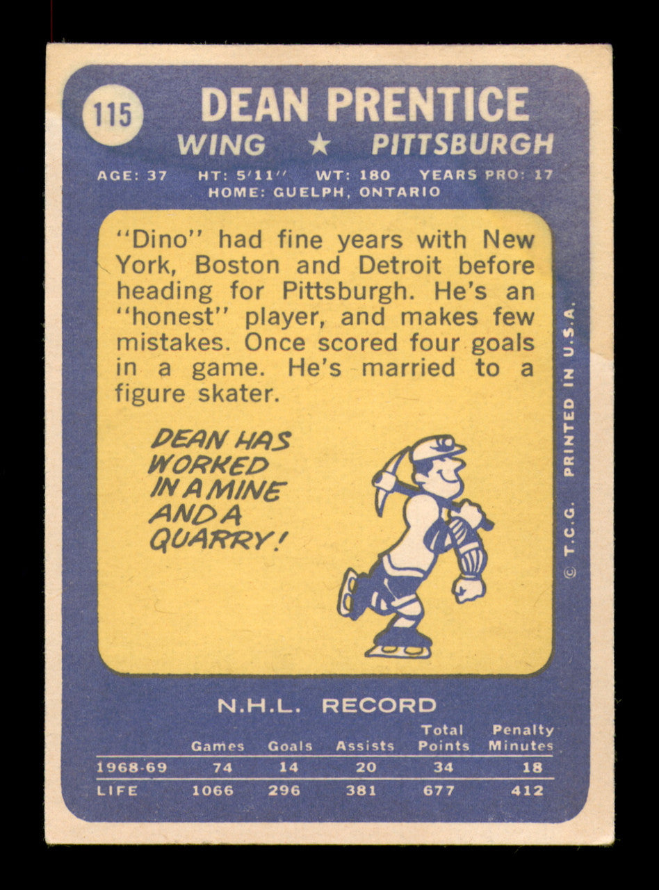 Dean Prentice Autographed 1969-70 Topps Card #115 Pittsburgh Penguins SKU #251199