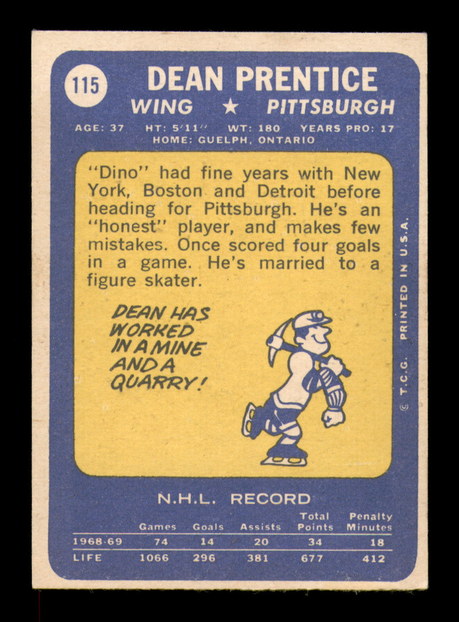 Dean Prentice Autographed 1969-70 Topps Card #115 Pittsburgh Penguins SKU #251200